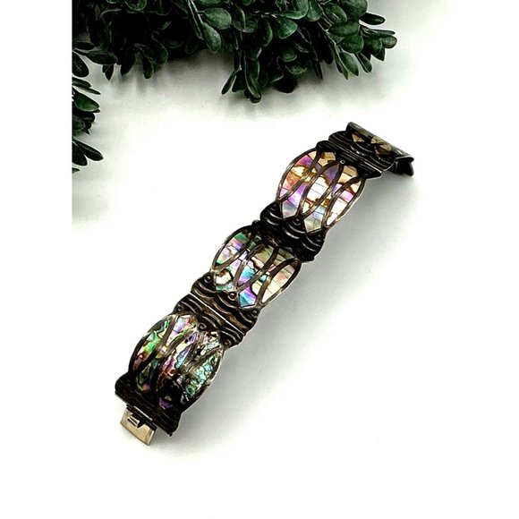 Vintage Mexican Sterling Silver Abalone Inlay Hinged Bracelet - Picture 2 of 9